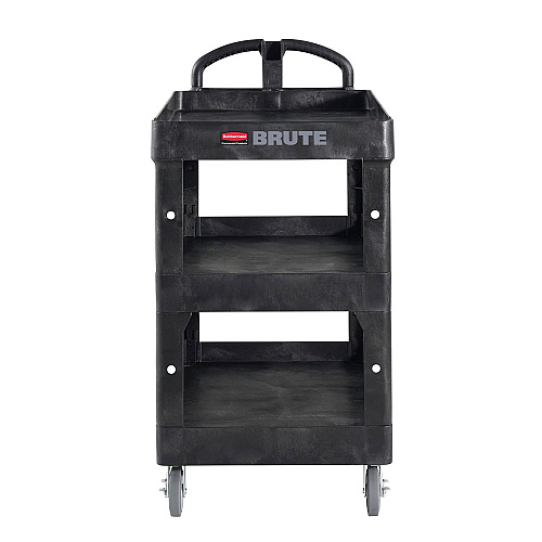 Rubbermaid Commercial BRUTE 3-Shelf Heavy-Duty Ergo Lipped Utility Cart, Resin, 3 Shelves, 600 lb Capacity, 25.24" x 44" x 47", Black (2196862)