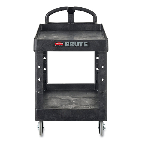 Rubbermaid Commercial BRUTE Heavy-Duty Utility Cart with Lipped Shelves, Plastic, 2 Shelves, 750 lb Capacity, 26" x 55" x 33.25", Black (4546BLA)