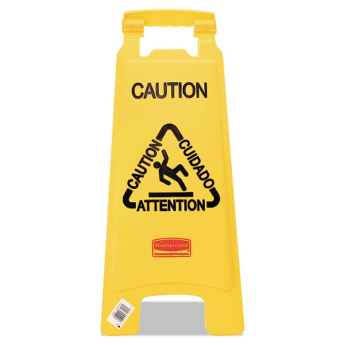 Rubbermaid Commercial Multilingual "Caution" Floor Sign, 11 x 12 x 25, Bright Yellow (611200YW)